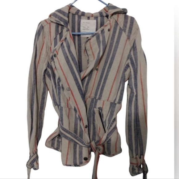 Free People Stylish Moto Tan Rustic Blue Striped Womans Jacket Size Small - Picture 1 of 6